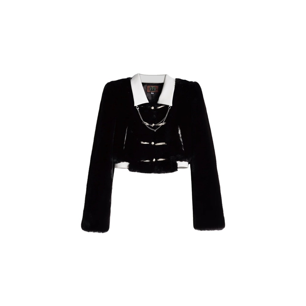 Chinese Style Slow-Rock Faux Fur Cropped Coat Black Medium Military Goth Gothic
